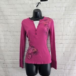 Y2k Arizona Jeans Slim Fit Mock Layered Henley Pink Butterfly Sz L Mall Goth